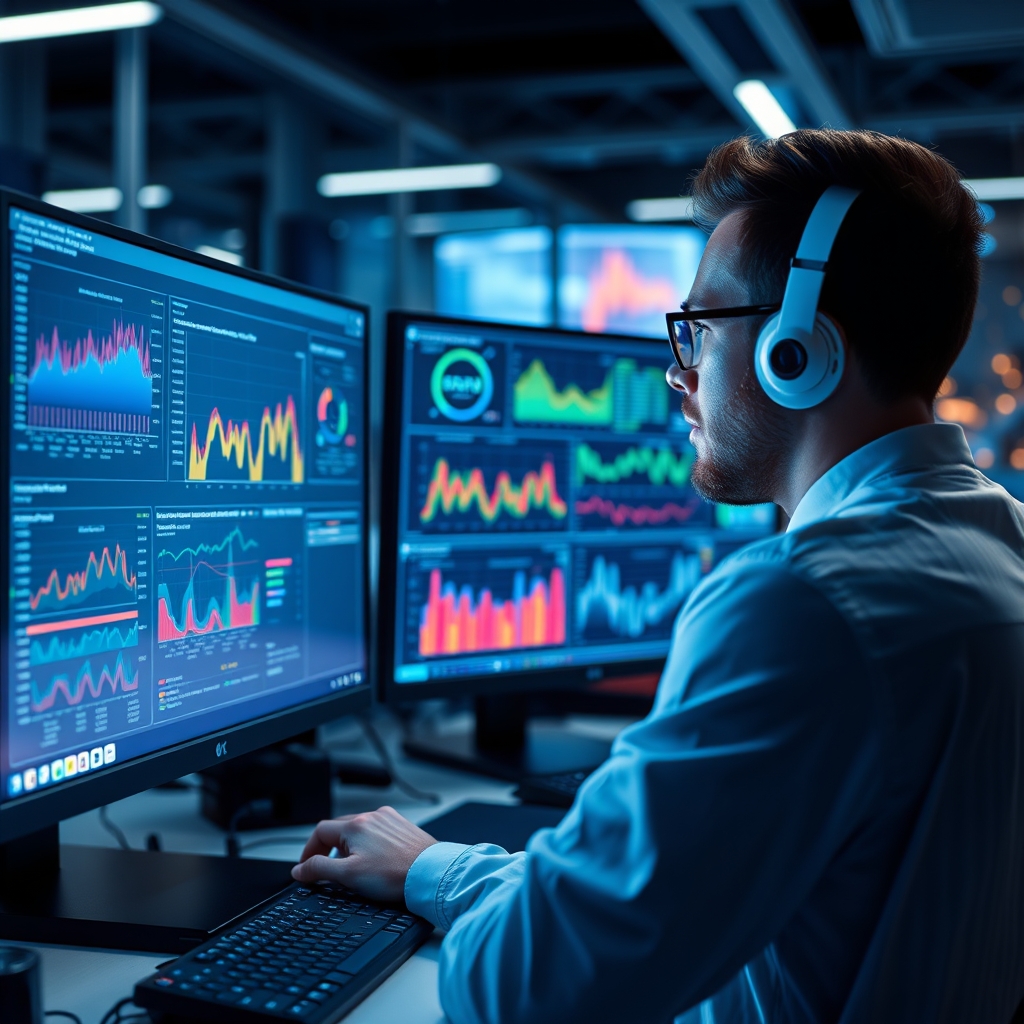 Data scientist analyzing colorful performance charts and neural network visualizations on multiple computer monitors in modern tech office