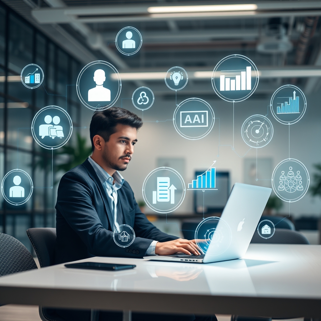Small business owner working on laptop surrounded by floating holographic icons representing AI automation tools including chatbots, analytics charts, and workflow diagrams in modern office setting