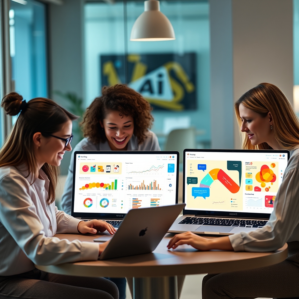 Marketing team collaborating around modern laptops displaying colorful data visualizations and AI-generated content examples in bright contemporary office space