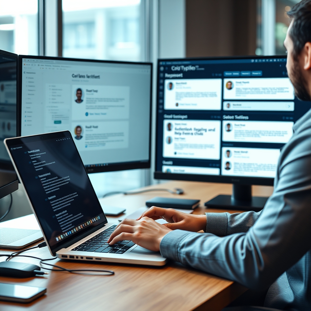 Professional salesperson typing personalized cold emails on laptop computer with multiple prospect profiles displayed on second monitor in modern office environment