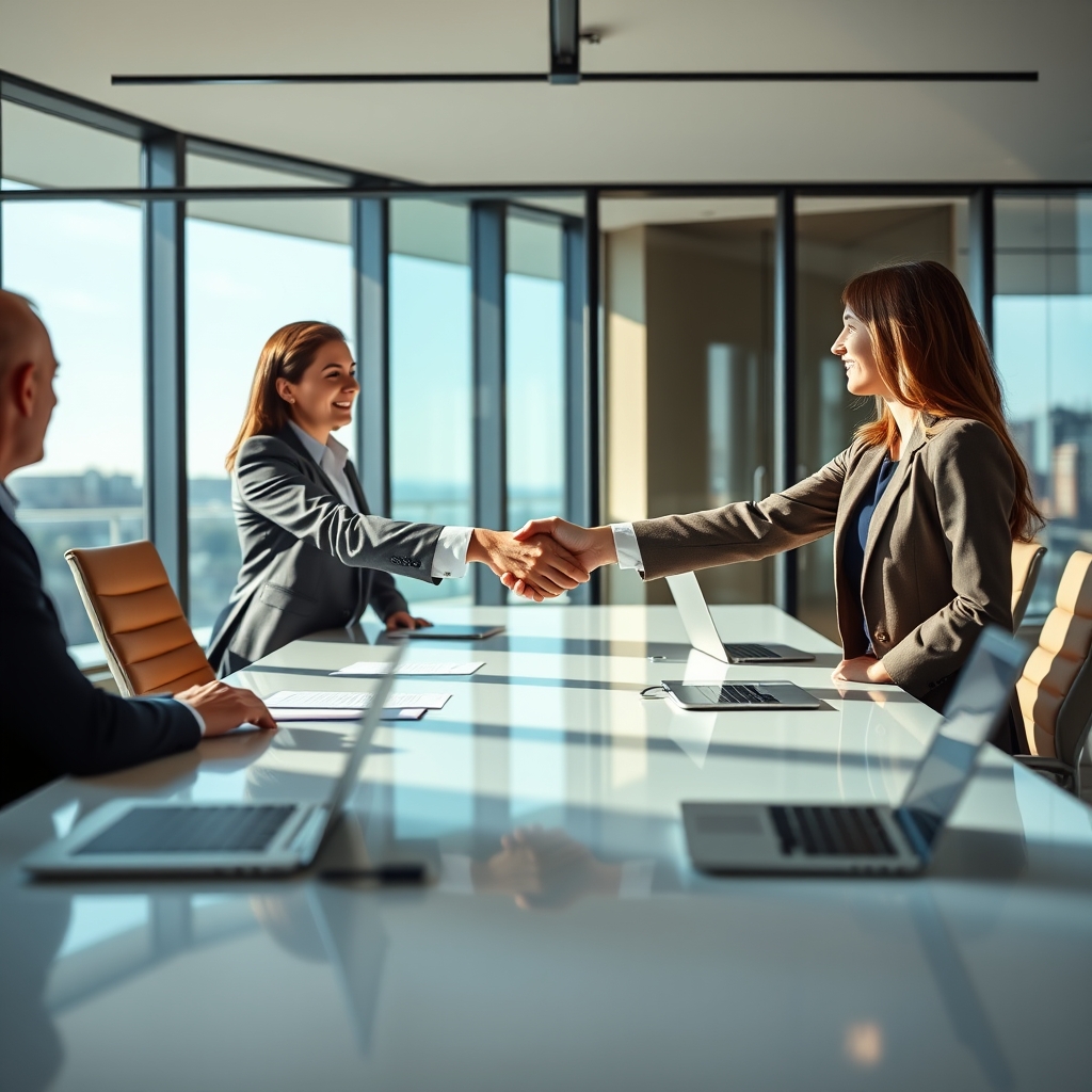 Professional business meeting with two people shaking hands across modern conference table, documents and laptops visible, natural lighting from large windows