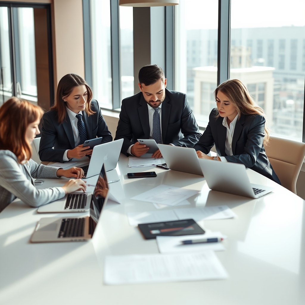 Business professionals collaborating around a modern conference table with laptops, tablets, and documents spread out, bright natural lighting from large windows, contemporary office setting