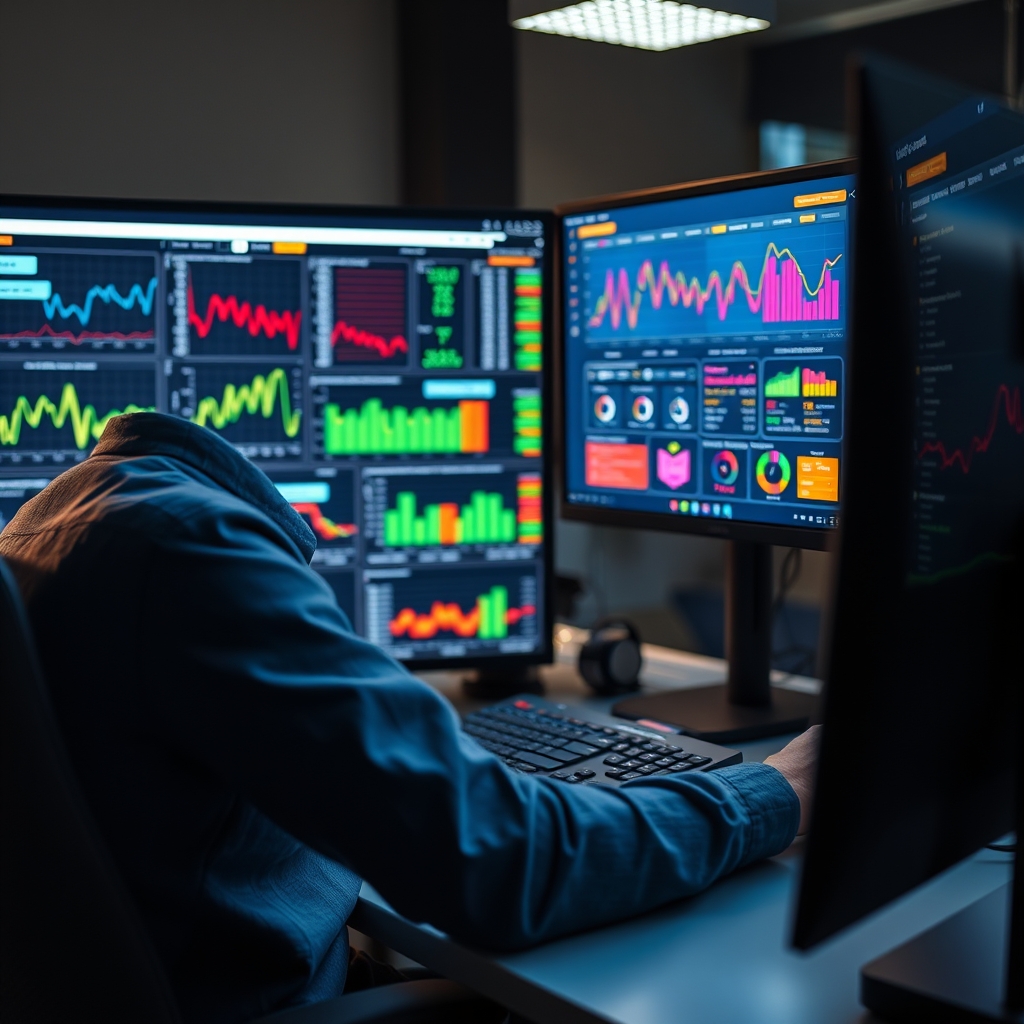 Marketing professional analyzing programmatic advertising data on multiple computer monitors with colorful performance charts and real-time bidding dashboards