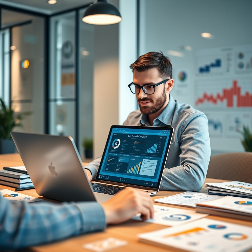 Marketing professional working on laptop with AI interface displaying content creation workflow, surrounded by marketing materials and charts in modern office setting