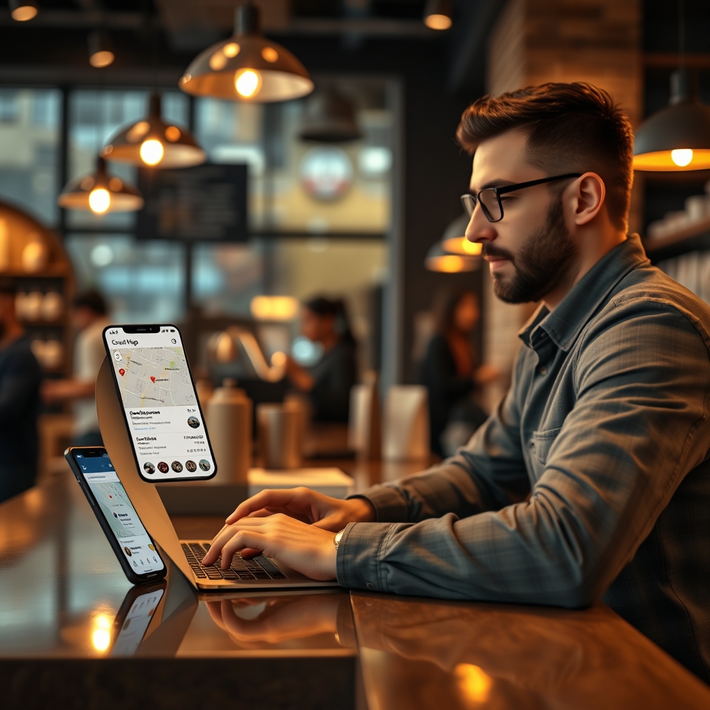 Small business owner working on laptop at modern coffee shop counter with smartphone showing Google Maps local search results, warm ambient lighting and customers in background