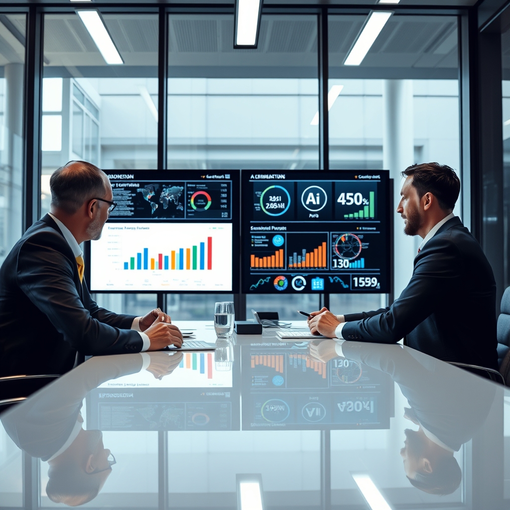 Business executives analyzing AI ROI data on digital screens in modern corporate boardroom