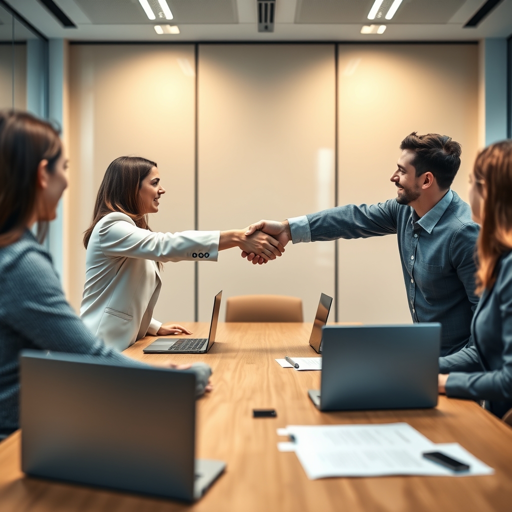 Business professionals shaking hands across conference table in modern corporate meeting room with laptops and documents visible