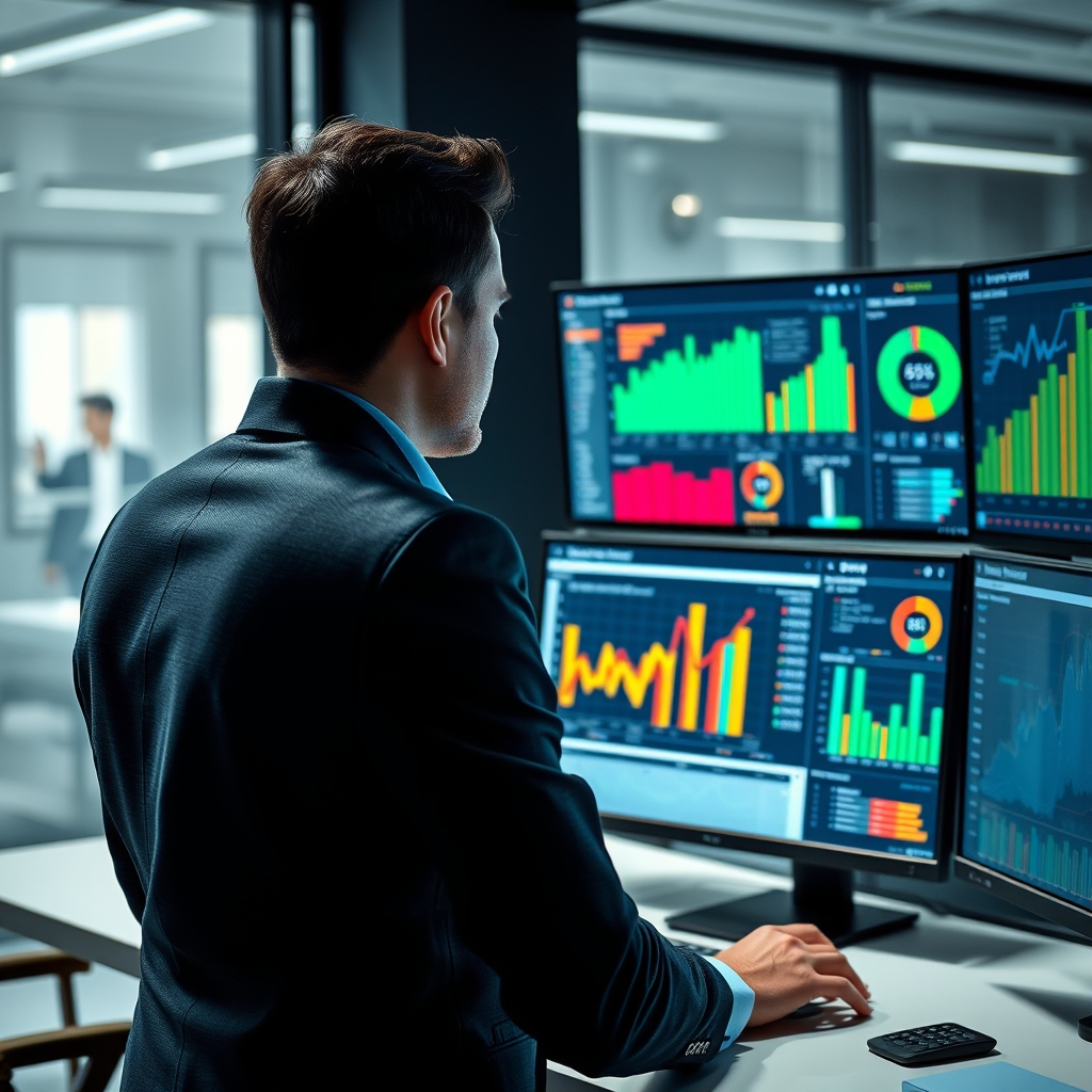 Sales professional analyzing colorful performance charts and KPI dashboards on multiple computer monitors in modern office environment