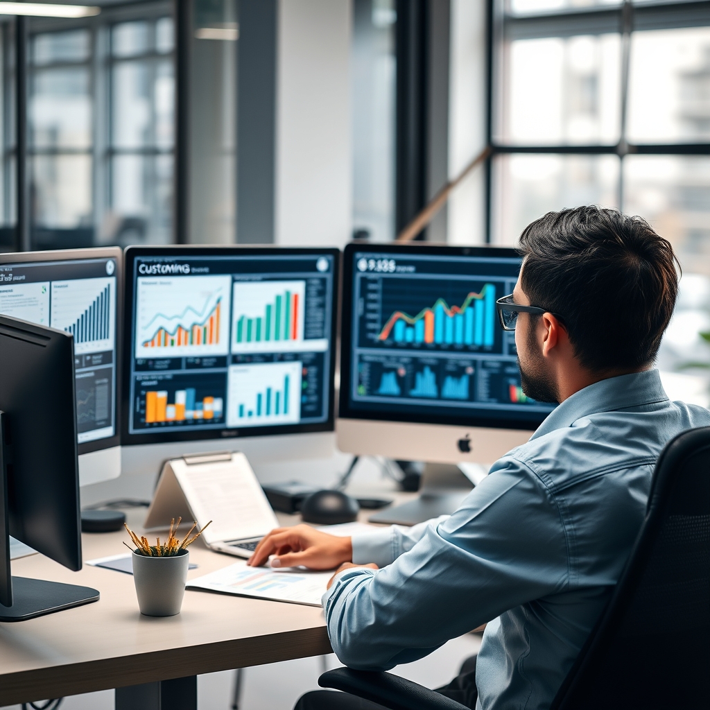 Business professionals analyzing customer data charts and graphs on computer screens in modern office environment