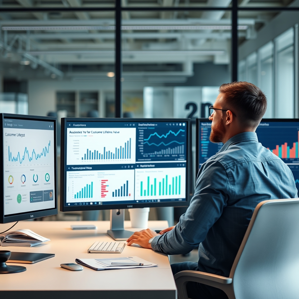 Business analyst examining customer lifetime value dashboards on multiple computer monitors in modern office
