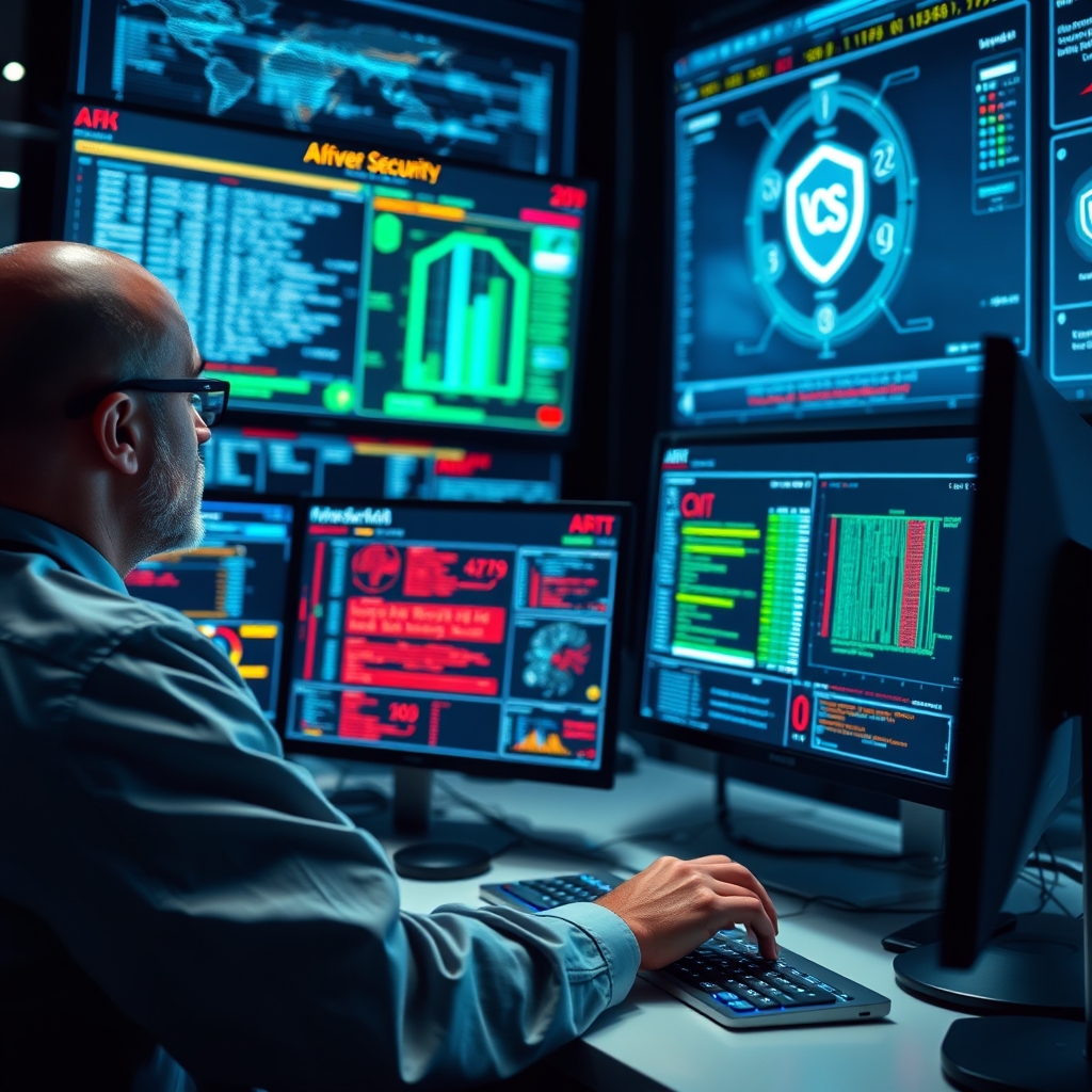 Cybersecurity specialist analyzing AI system security dashboard with multiple monitors showing encrypted data flows and threat detection alerts