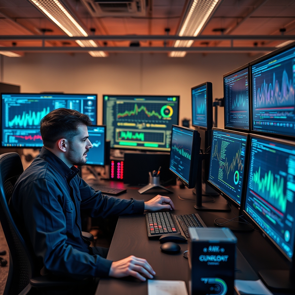 Data scientists and engineers working together at computer workstations with multiple monitors displaying AI model deployment dashboards and performance metrics