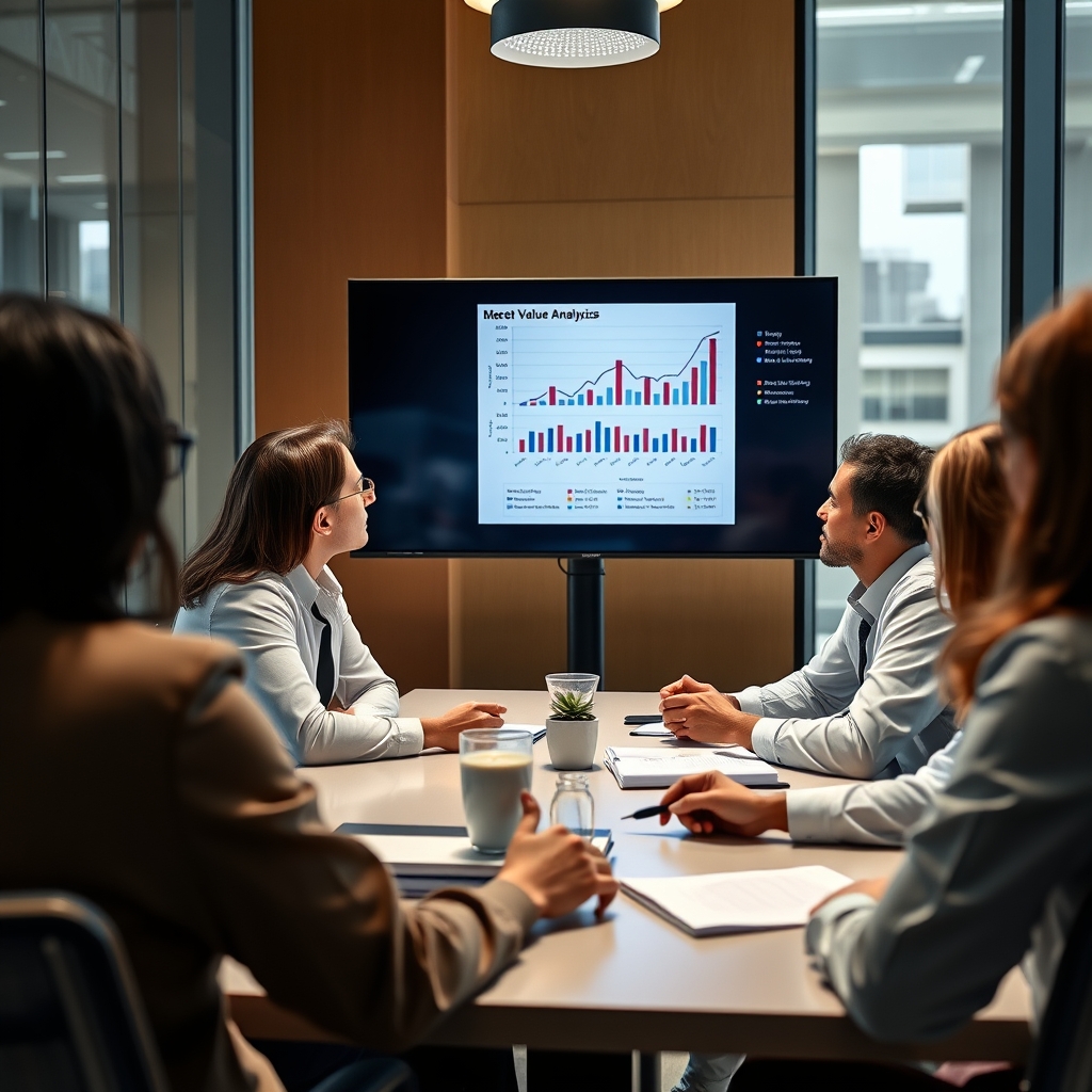 Business professional presenting value analysis charts on large monitor to diverse executive team in modern conference room