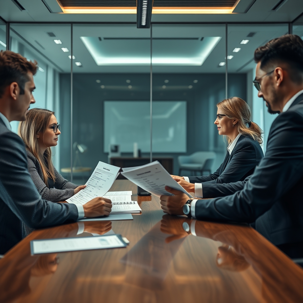 Professional sales meeting with business people discussing pricing documents around modern conference table