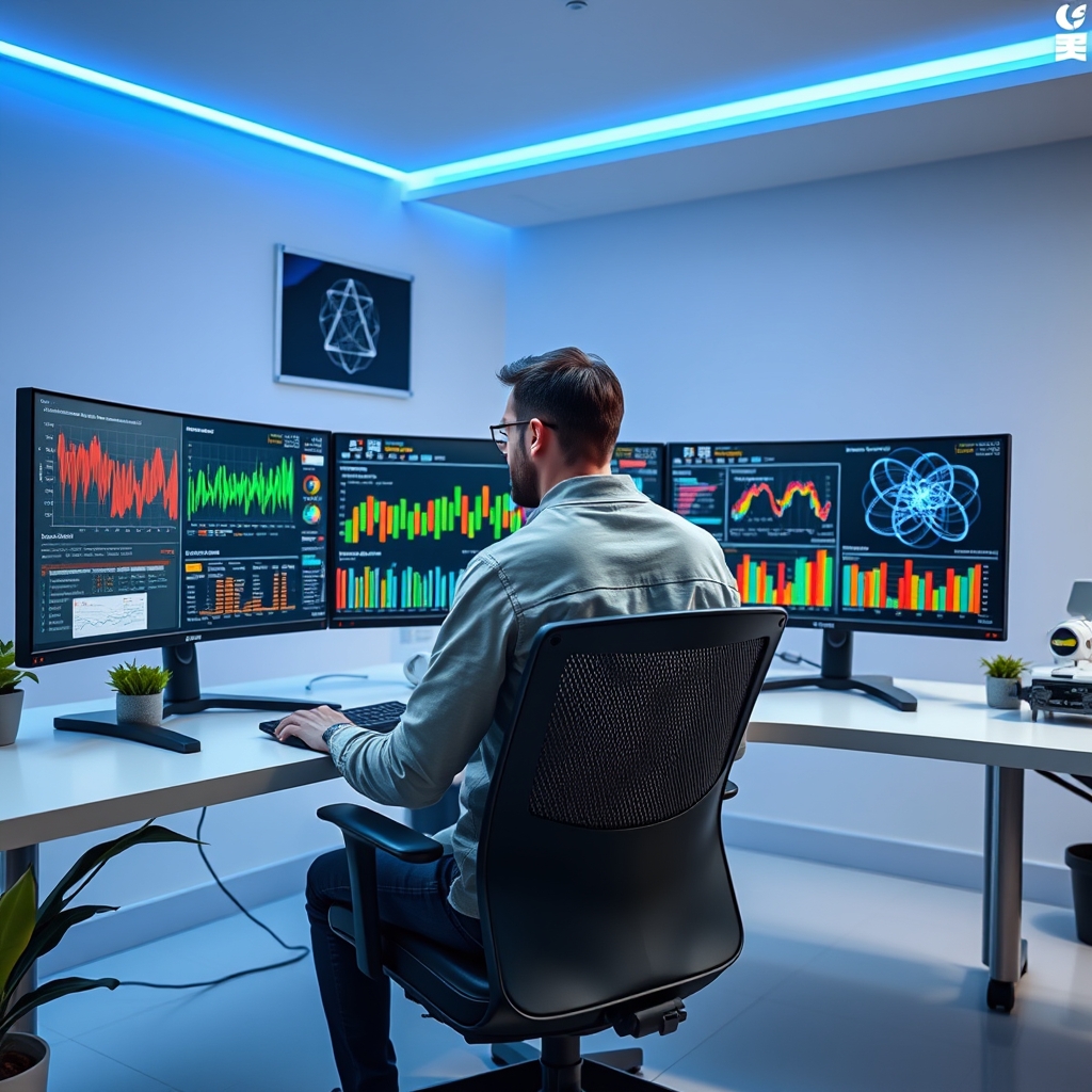 Data scientist analyzing reinforcement learning algorithms on multiple computer monitors in modern tech lab