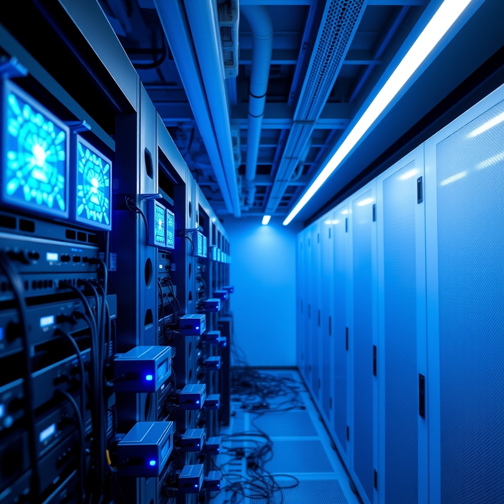 Modern edge computing setup with multiple connected devices processing data locally in a high-tech environment