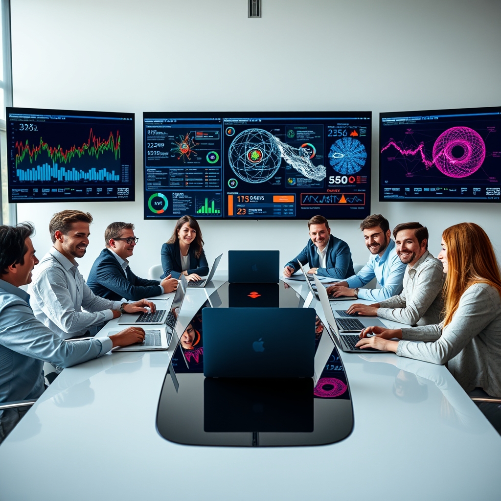 Diverse group of AI professionals collaborating around a modern conference table with multiple laptops and data visualizations on wall-mounted screens in a bright tech office