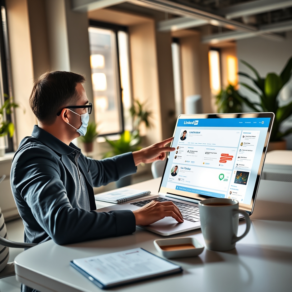 Professional salesperson analyzing LinkedIn prospect data on laptop screen in modern office environment