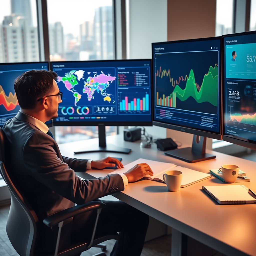 Sales manager analyzing colorful territory maps and performance charts on multiple computer monitors in modern office
