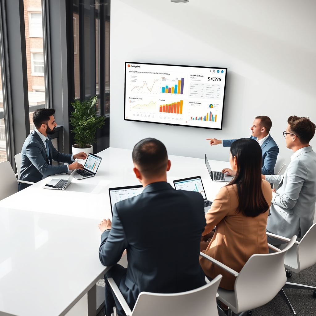 Business professionals collaborating around a large conference table with laptops and data visualization displays showing revenue charts and analytics in a modern office setting