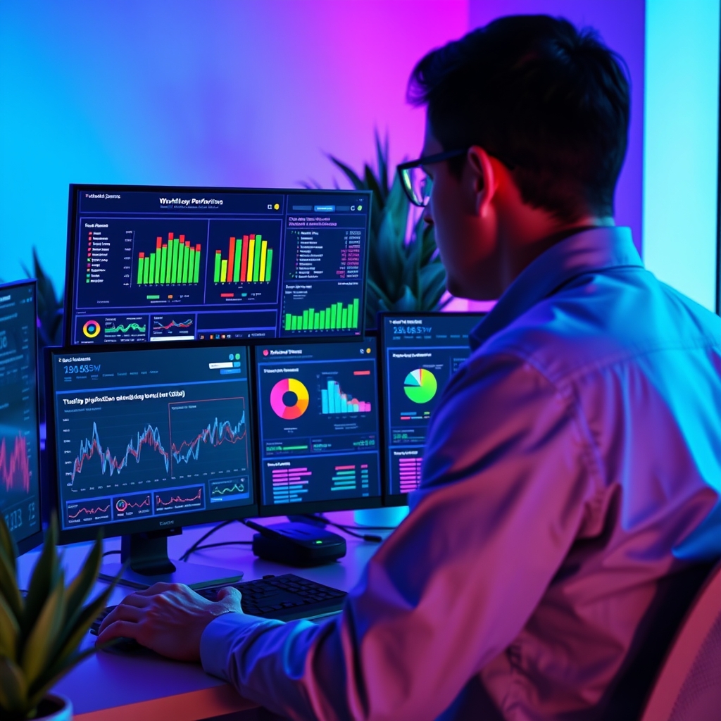 Modern marketing automation dashboard showing workflow analytics with colorful charts and performance metrics on multiple screens