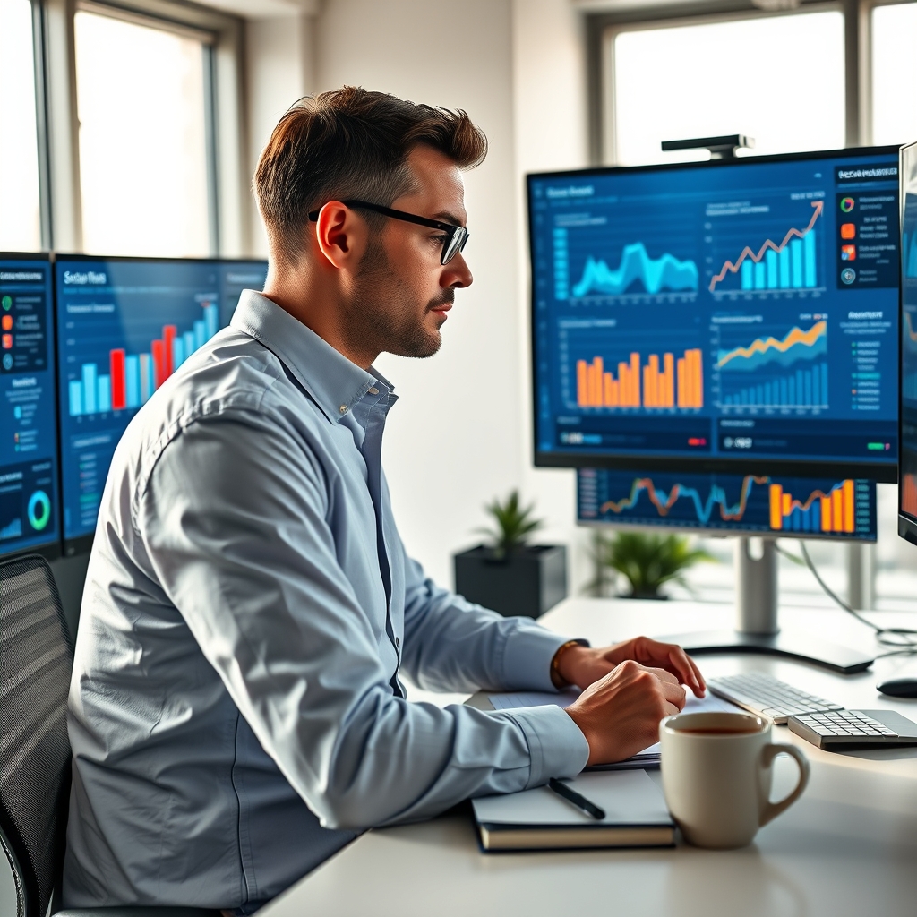 Marketing professional analyzing colorful ROI charts and social media analytics on multiple computer screens in modern office setting