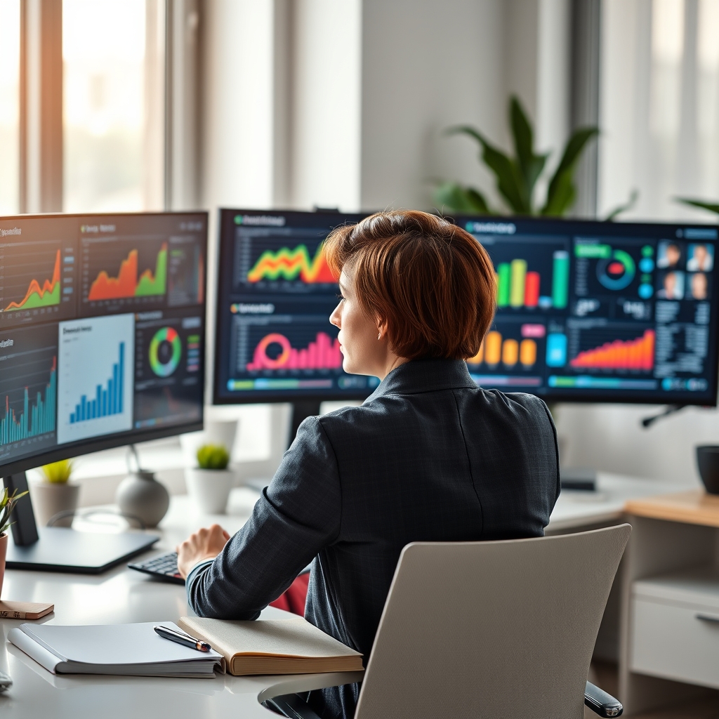 Marketing professional analyzing customer data charts and persona profiles on multiple computer screens in modern office environment