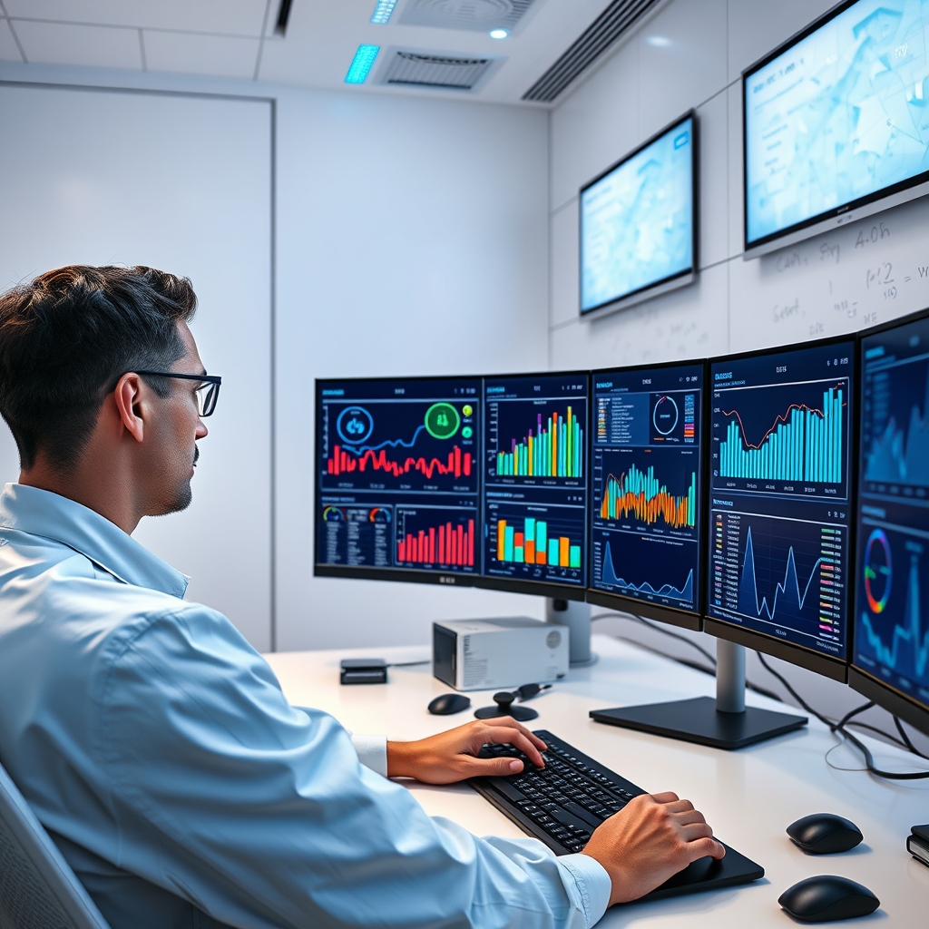 Data scientist analyzing colorful accuracy metrics and performance charts on multiple computer monitors in modern AI research laboratory