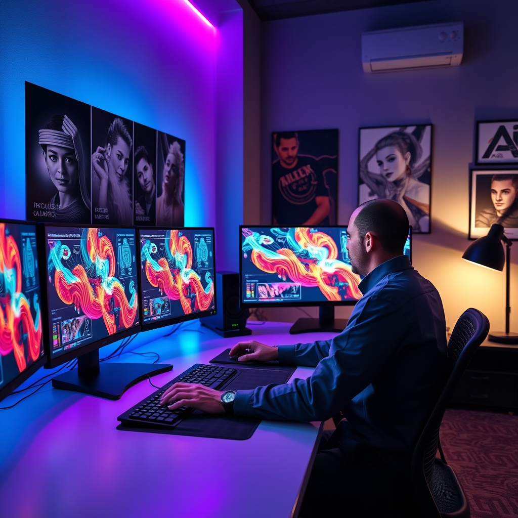 Digital artist working with AI image generation tools on multiple monitors displaying various generated artworks and interface dashboards in modern creative studio