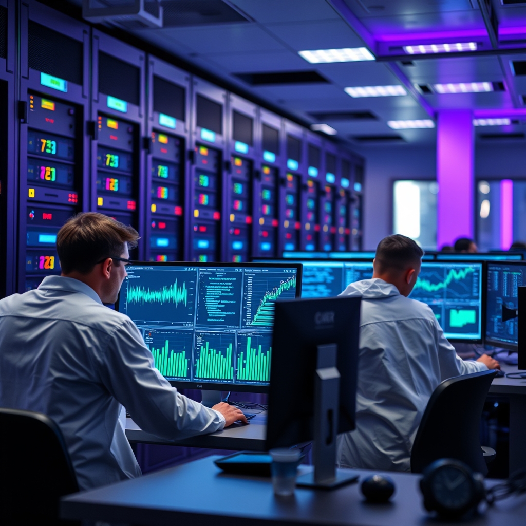 Data scientists collaborating on federated learning model development across multiple secure workstations