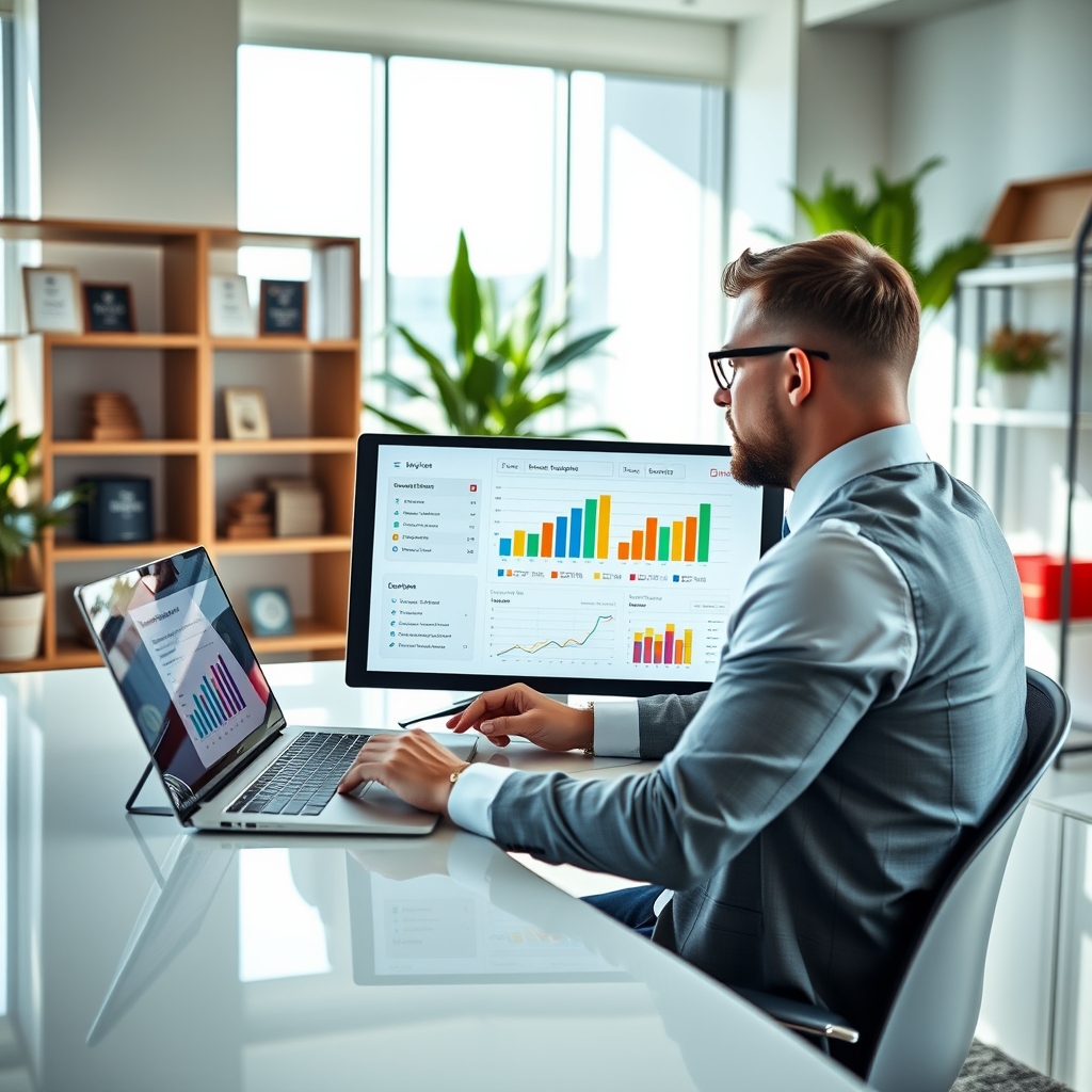 Sales manager analyzing compensation charts and performance metrics on laptop screen in modern office