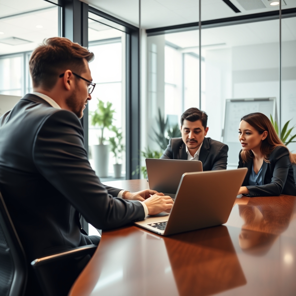 Professional sales manager conducting coaching session with team member in modern office setting