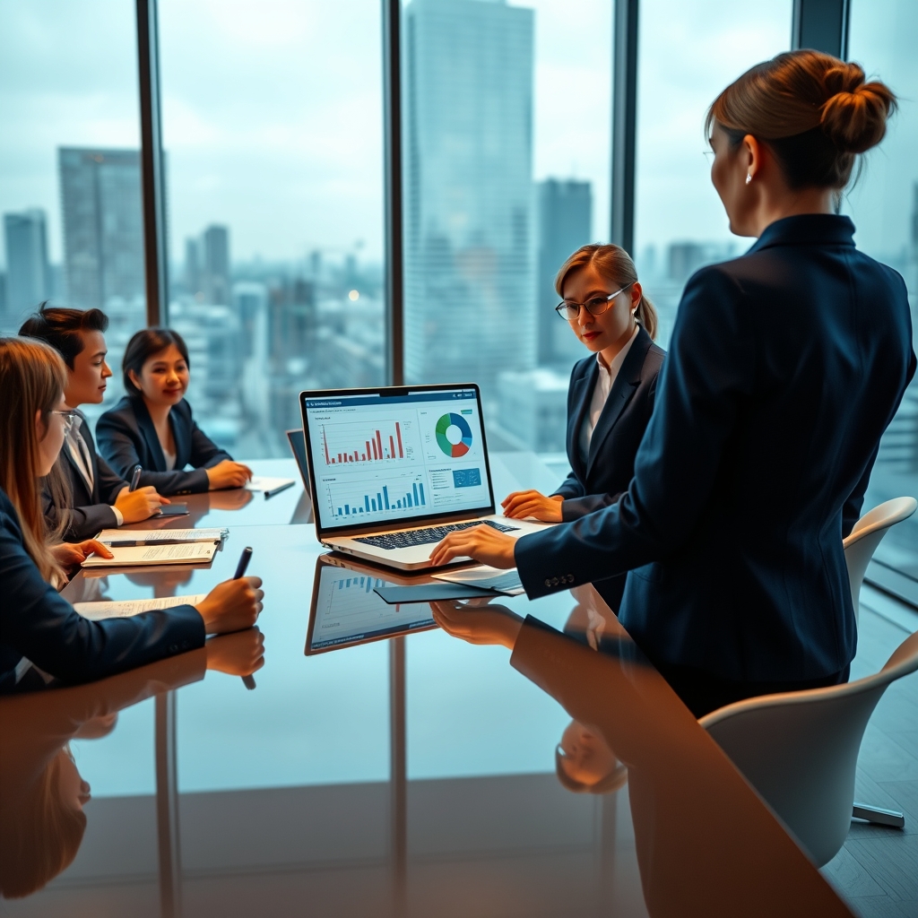 Professional businesswoman presenting sales proposal on laptop screen to diverse team of executives in modern conference room