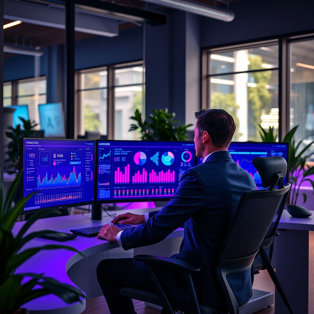 Marketing professional analyzing video engagement metrics on multiple screens in modern office setting