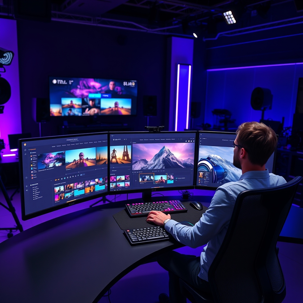 Content creator using AI video editing software on multiple monitors in modern studio with colorful timeline interface and video previews