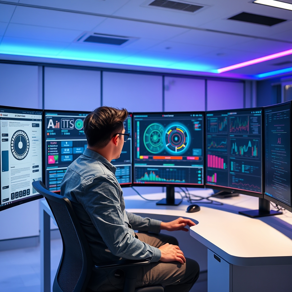 Professional data scientist working with AI prompts on multiple computer monitors displaying colorful code and interface elements in a modern tech office