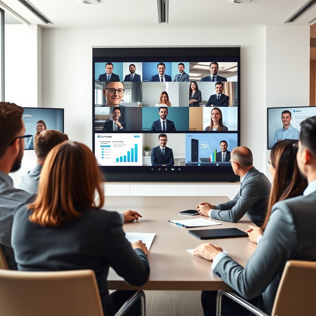Professional sales team conducting video conference meeting with multiple participants on large monitor in modern office