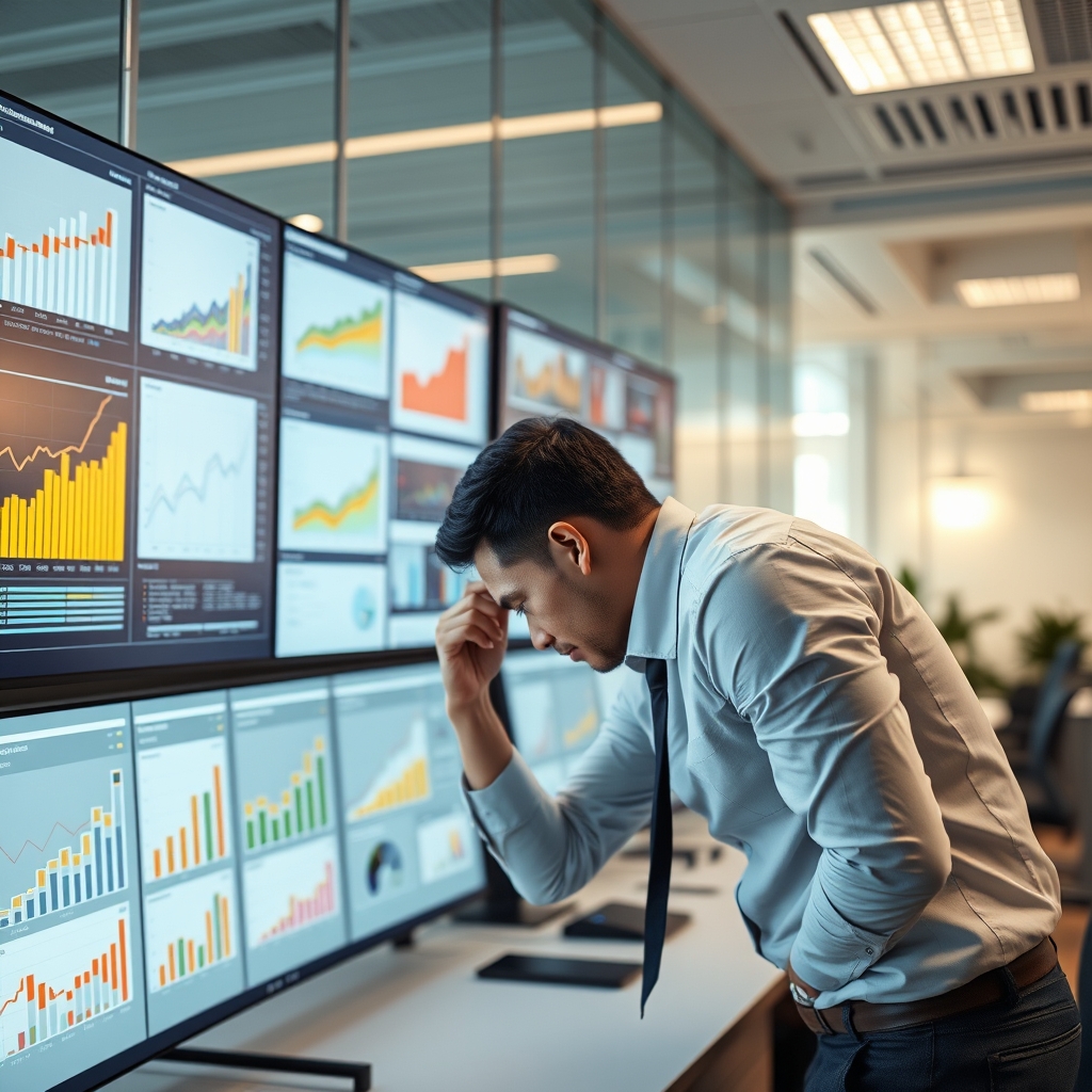 Business analyst reviewing colorful sales data charts and predictive models on multiple computer monitors in modern office setting