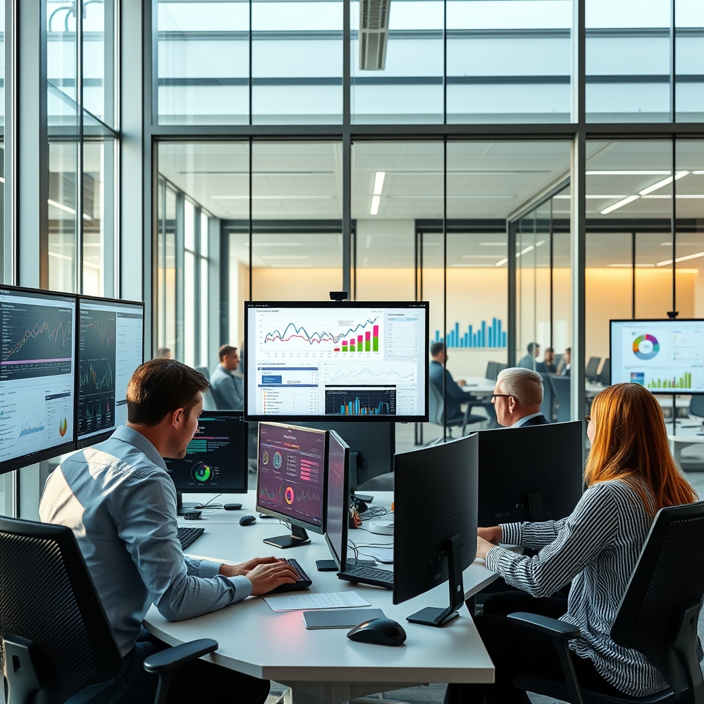 Professional sales team analyzing colorful performance charts and cadence sequence data on multiple computer monitors in modern office setting