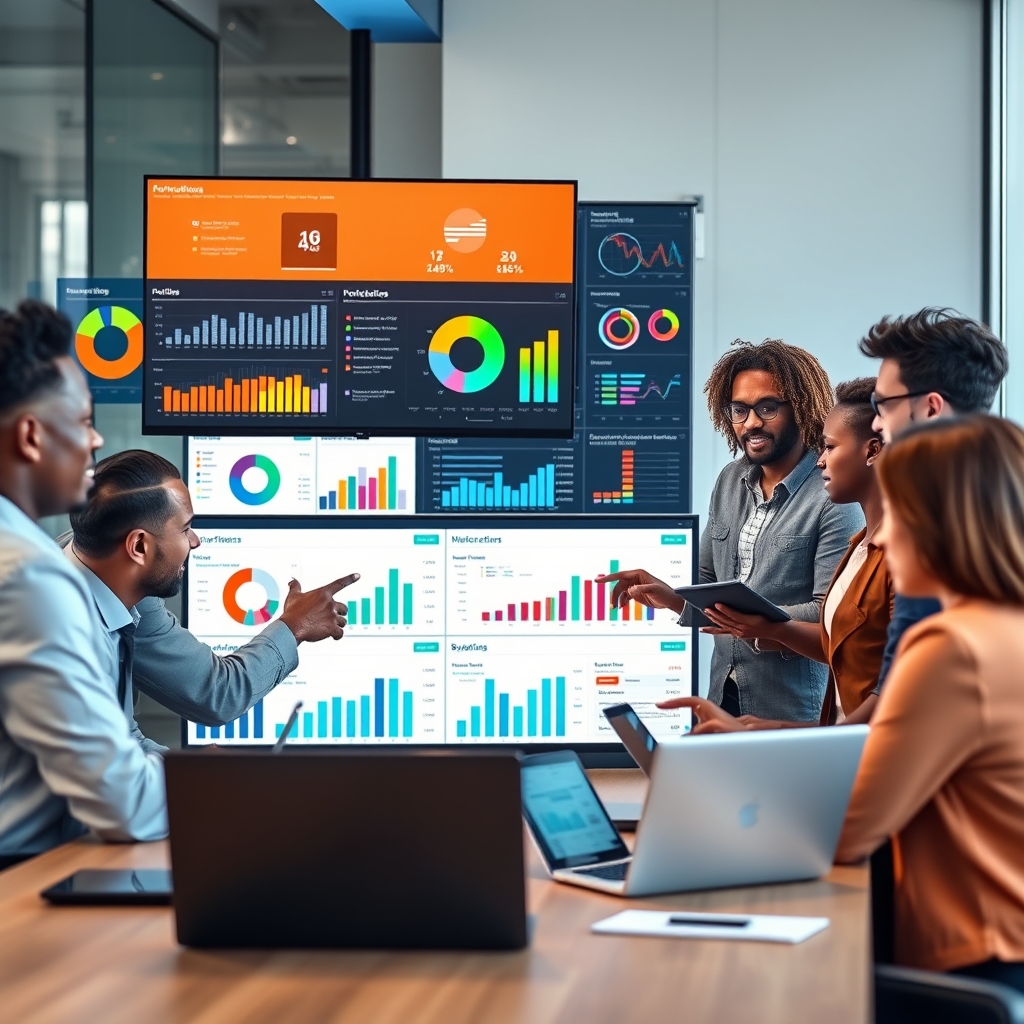 Marketing professionals analyzing colorful budget allocation charts and performance metrics on multiple computer monitors in modern office setting