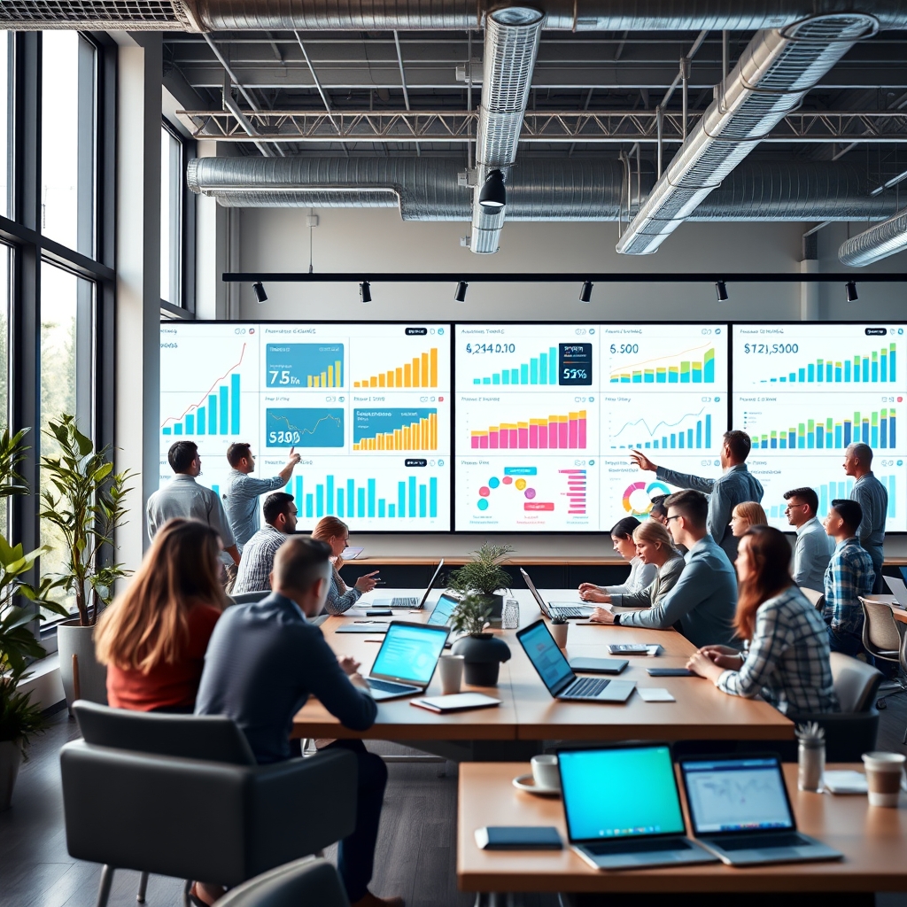 Modern startup office with diverse team analyzing growth metrics on multiple computer screens and whiteboards filled with data charts