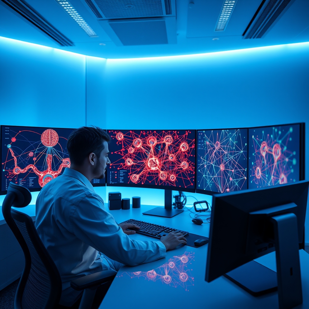 AI researcher analyzing complex neural network visualizations on multiple curved monitors in a modern technology laboratory