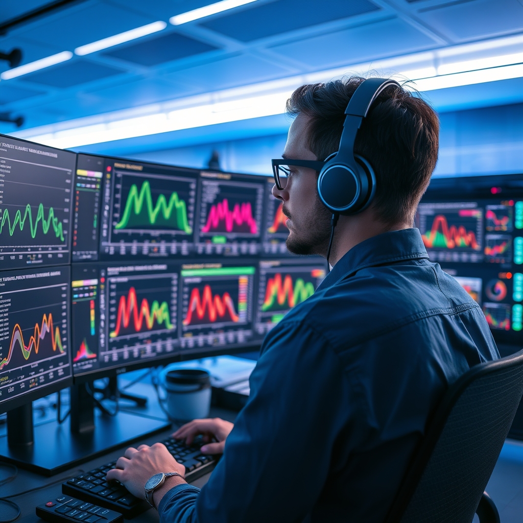 Data scientist working on large language model fine-tuning with multiple monitors displaying colorful training graphs and neural network visualizations in a modern tech workspace