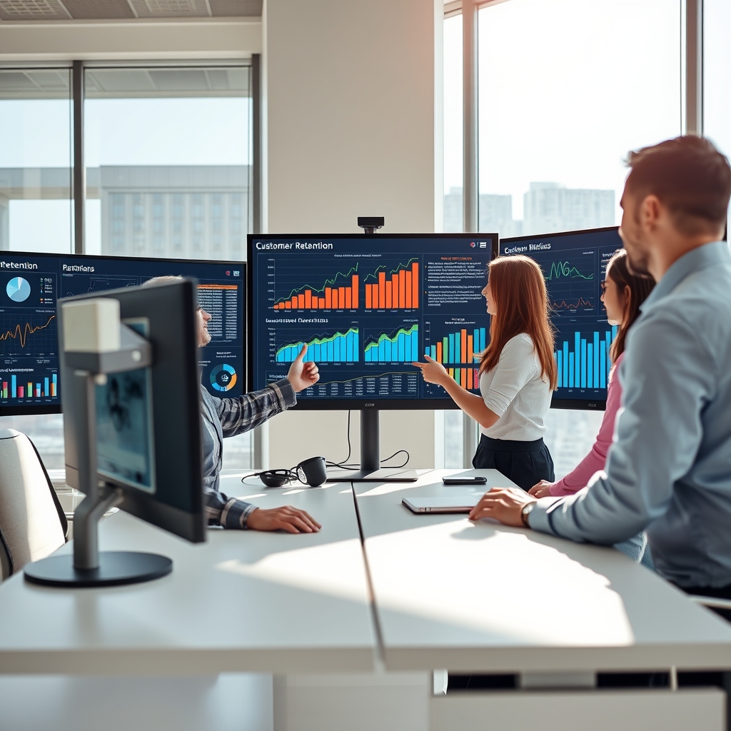 Business professionals analyzing customer retention data on multiple computer screens with colorful charts and graphs in modern office setting