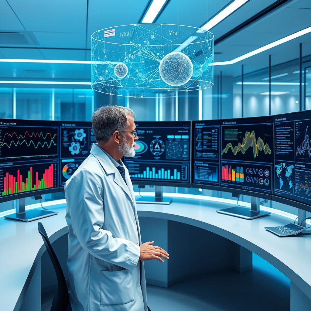 AI researcher analyzing data validation charts on multiple monitors in modern tech laboratory with blue ambient lighting
