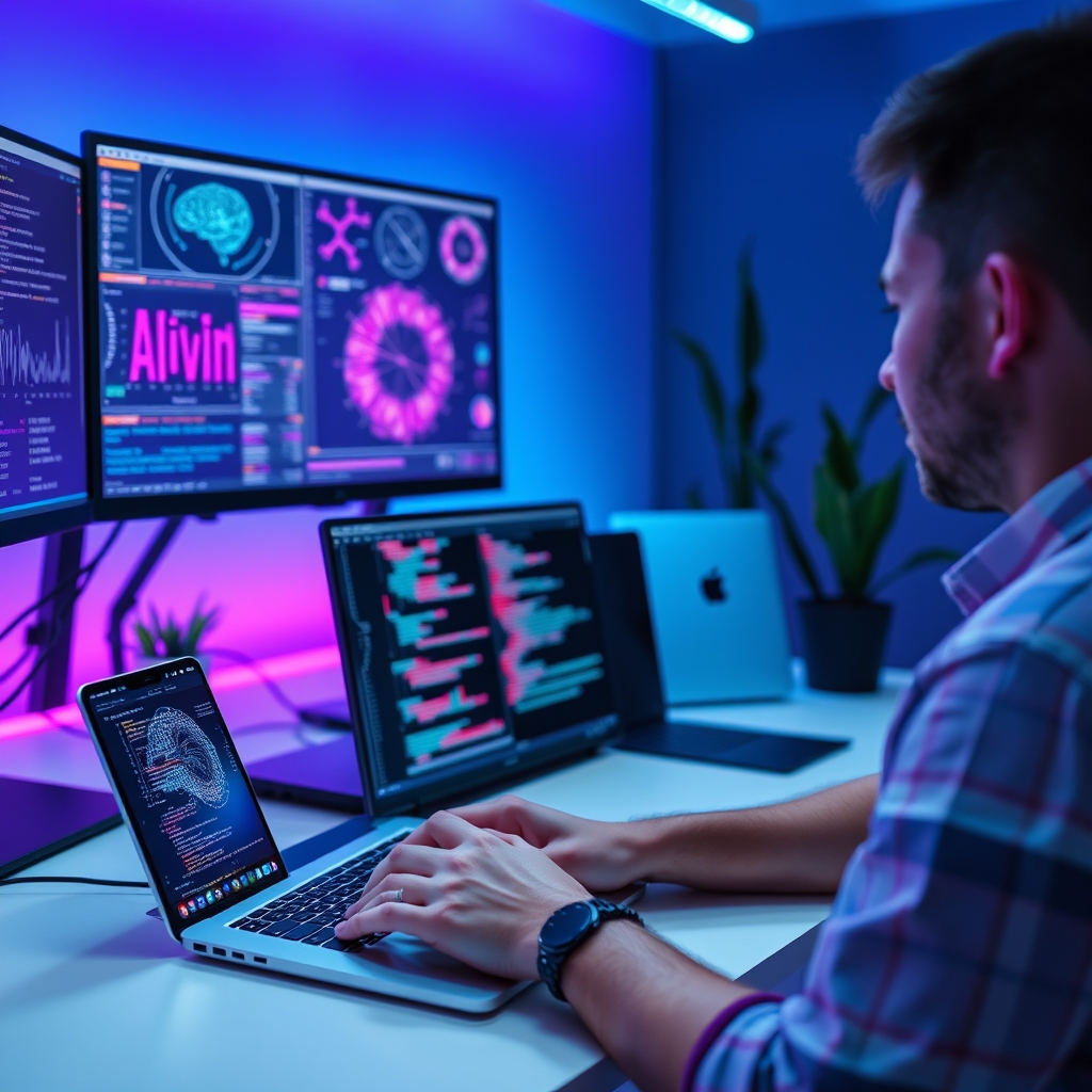 Mobile developer working on AI-powered app development with multiple code editors and machine learning model visualizations on desktop monitors