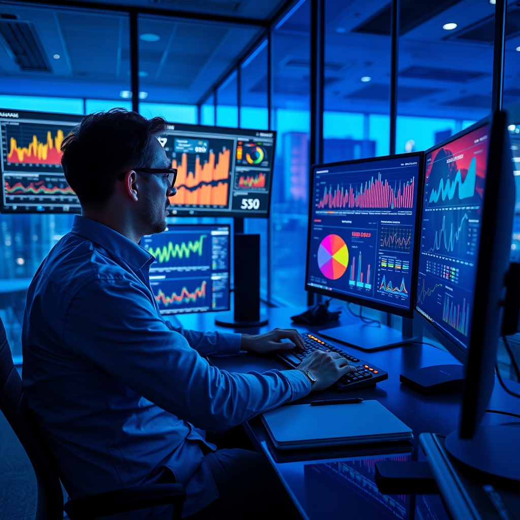 Data scientist working with multiple colorful data visualization charts on large monitors in modern tech office with blue ambient lighting