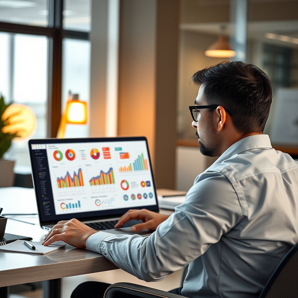 Sales professional analyzing psychological buyer behavior charts and customer emotion data on laptop screen in modern office setting