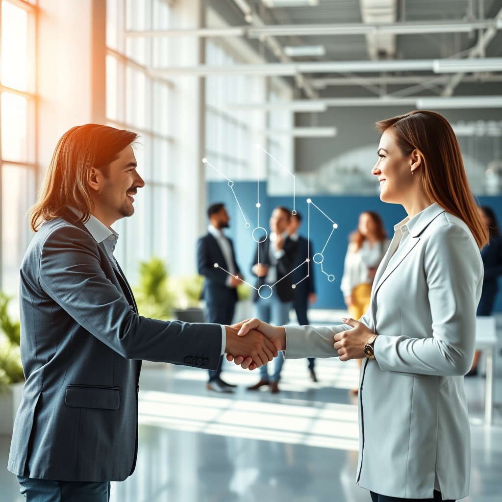 Business professionals shaking hands in modern office setting with digital referral network visualization