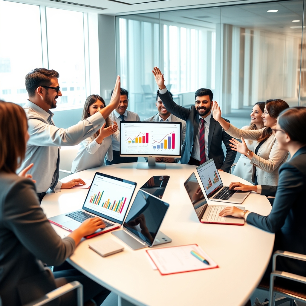 Diverse sales team celebrating achievements around modern office desk with laptops and charts visible